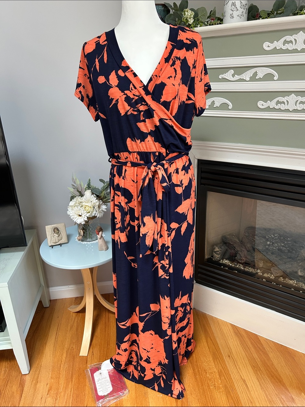 Floral Wrap Maxi Dress in Navy and Orange